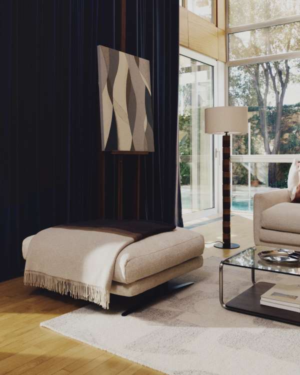 Veliro beige chenille footrest with black steel legs 85 x 90cm FSC Mix Credit