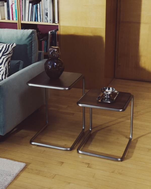 Tarsel side table in walnut veneer with brushed stainless steel structure 42 x 60cm