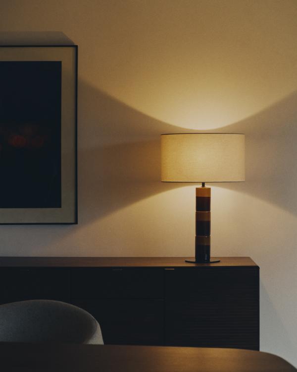 Mavran table lamp with brown and mustard ceramic base and cotton lampshade