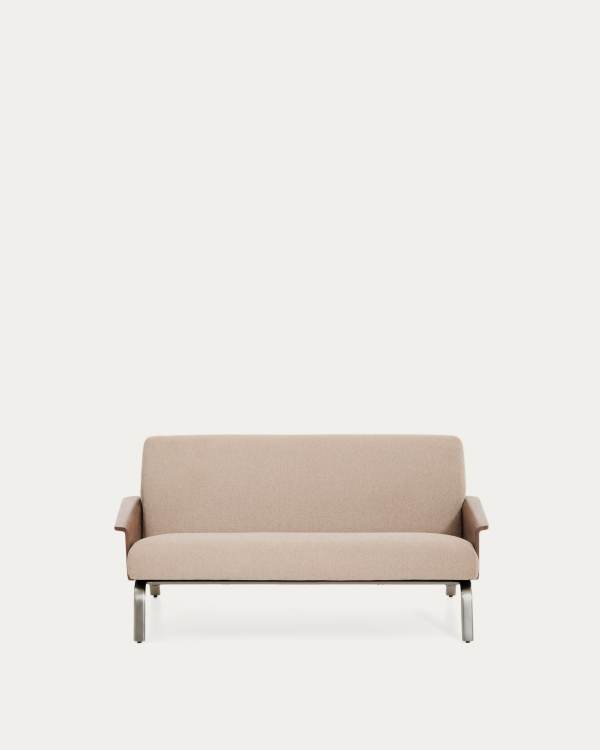 Amsen light brown 2-seater sofa in walnut plywood with brushed stainless steel legs 165cm