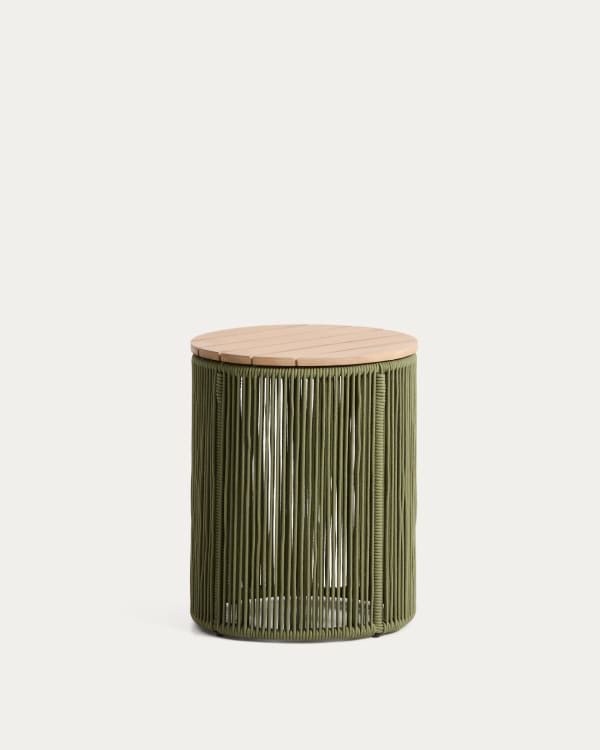 Dandara side table in steel, green rope cord and solid acacia wood Ø40cm FSC 100%