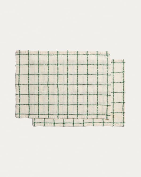 Adesta set of 2 individual placemats in 100% cotton ecru with green checks 35 x 50 cm