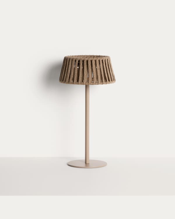 Lampe de table solaire d’extérieur Aldet en corde plate et pied en métal beige