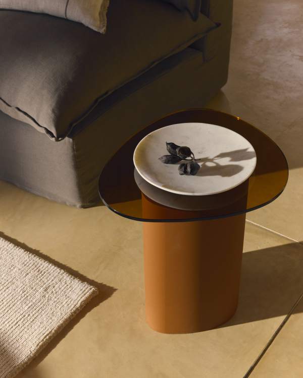 Olir side table in tempered glass and brown steel 48 x 46,8 cm