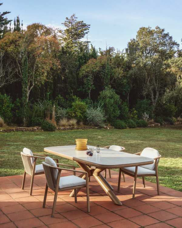 Mirtia outdoor table in wood-effect aluminium and ecru sintered stone 240 x 110cm