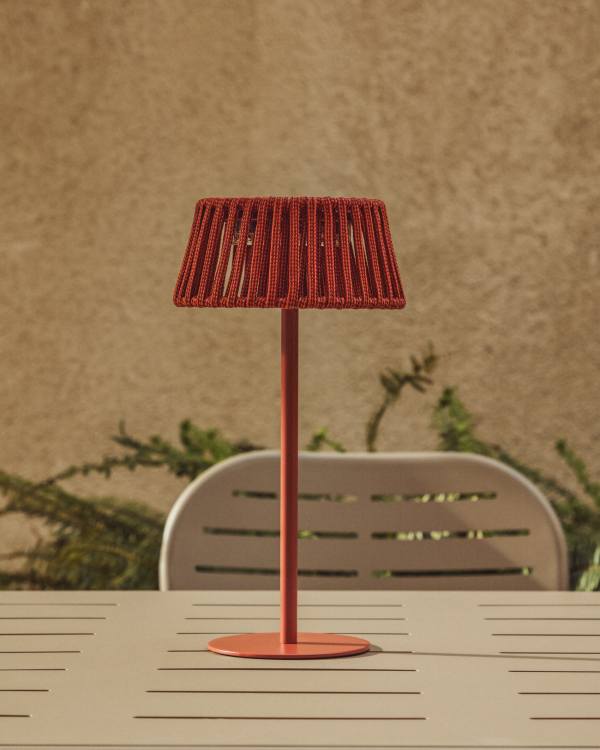 Aldet outdoor solar table lamp in terracotta flat rope cord with metal stand