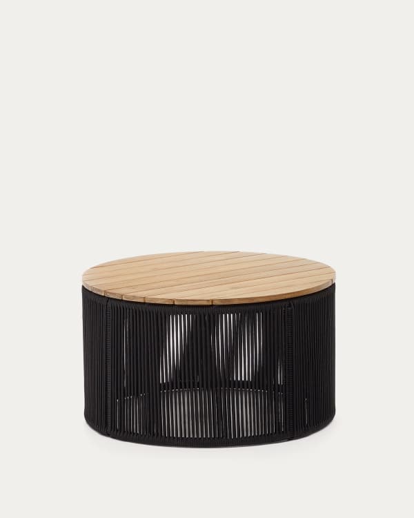 Dandara coffee table made of steel, black cord and solid acacia wood, Ø70 cm FSC 100%