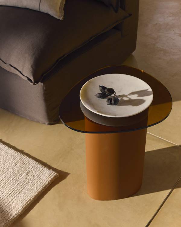 Olir side table in tempered glass and brown steel 48 x 46,8 cm