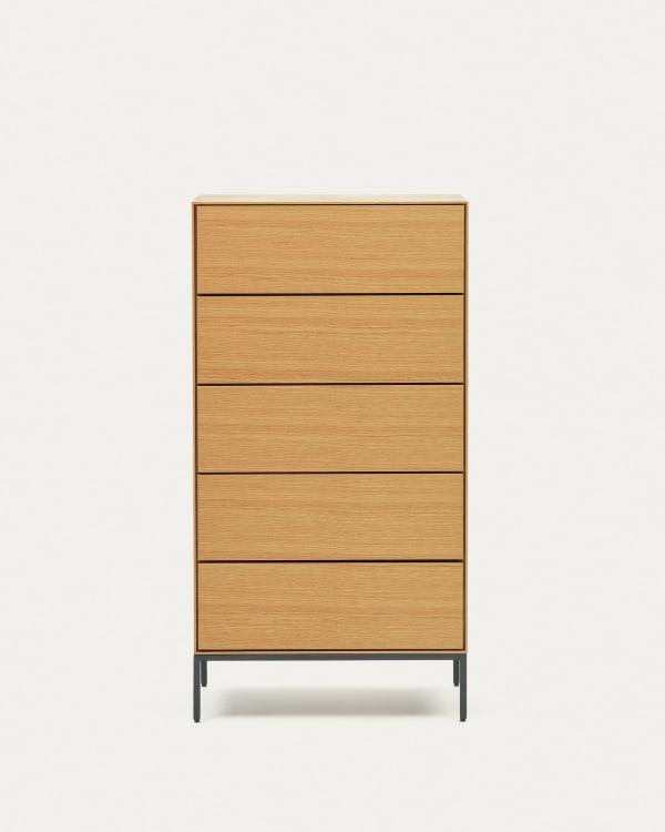 Vedrana 5 drawer chest of drawers in oak veneer with black steel legs, 60 x 114 cm