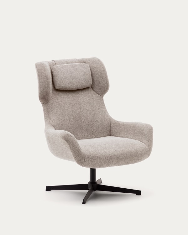 Zalina swivel armchair in beige chenille and steel with black finish FSC 100%