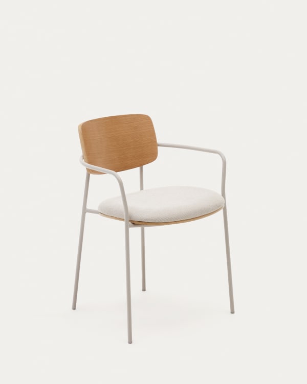 Maureen stackable chair in poplar plywood with light tone finish and beige metal legs, 100% FSC