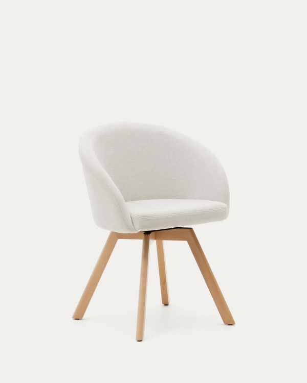 Marvin beige chenille swivel chair with solid beech wood legs in a natural finish