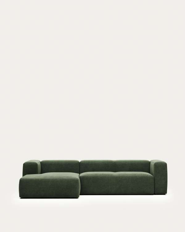 Blok fire-retardant 3-seater sofa with left chaise longue in green chenille 300cm