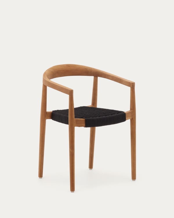 Ydalia stackable outdoor chair in solid teak wood with natural finish and black rope