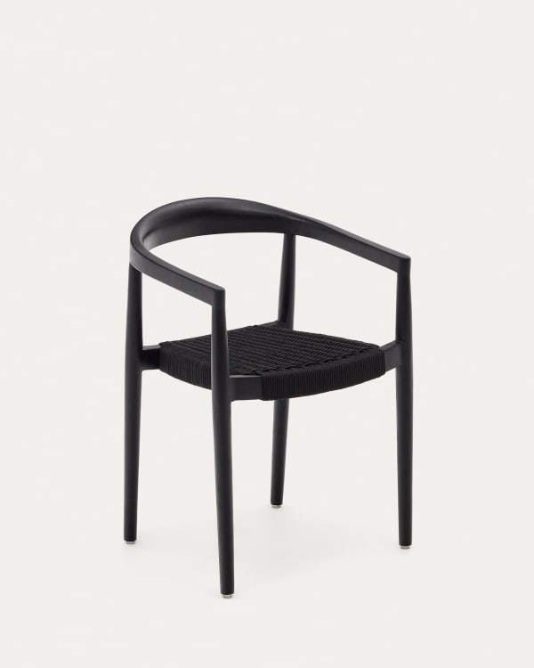 Ydalia stackable outdoor chair in solid teak wood with black finish and black rope