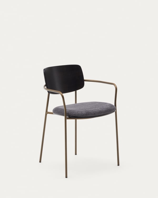 Maureen stackable chair in poplar plywood with dark tone finish and brass-finish metal, 100% FSC