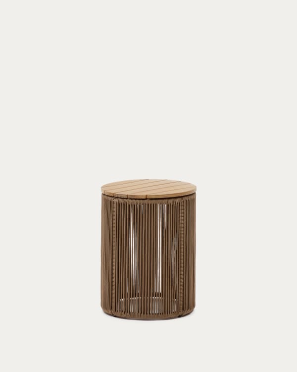 Dandara side table made of steel, beige cord and solid acacia wood, Ø40 cm FSC 100%