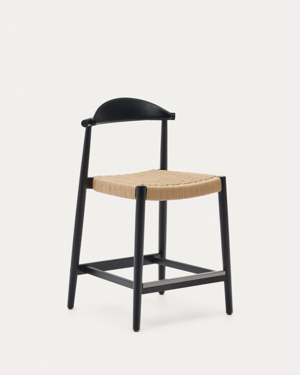 Nina stool made of solid acacia wood with black finish and beige rope height 62 cm