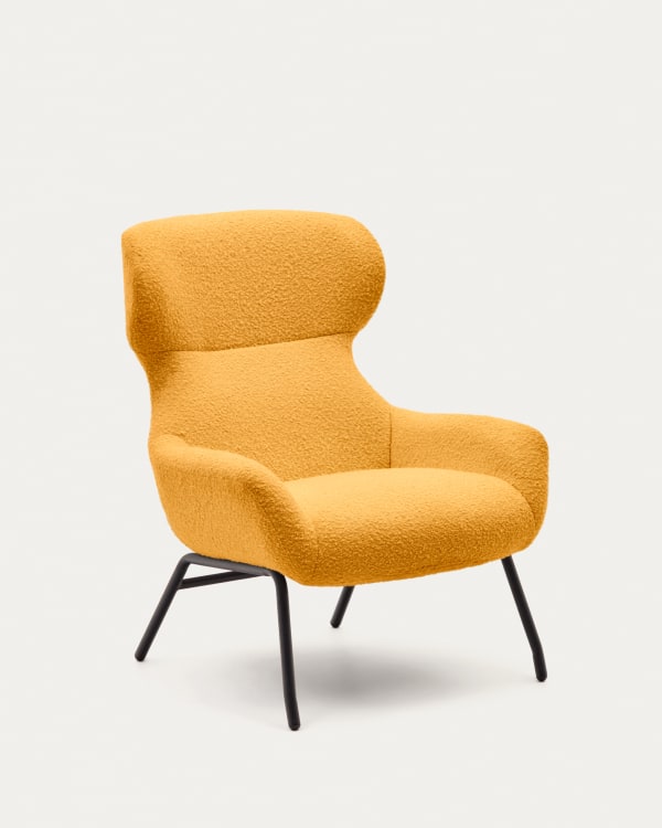 Belina armchair in mustard bouclé and steel with black finish FSC 100%