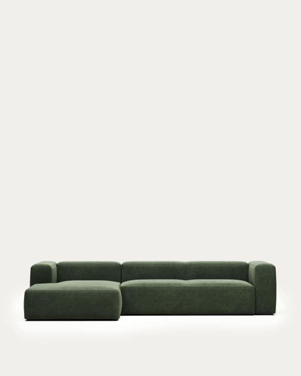 Sofá Blok 4 plazas chaise longue izquierdo retardante de fuego de chenilla verde 330 cm