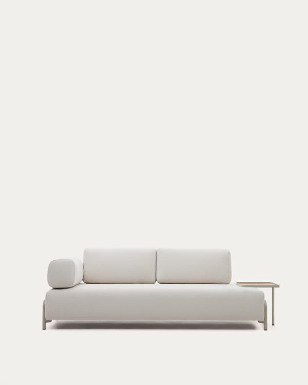 Compo 3-seater sofa chenille beige, large tray oak veneer and beige metal structure 232cm