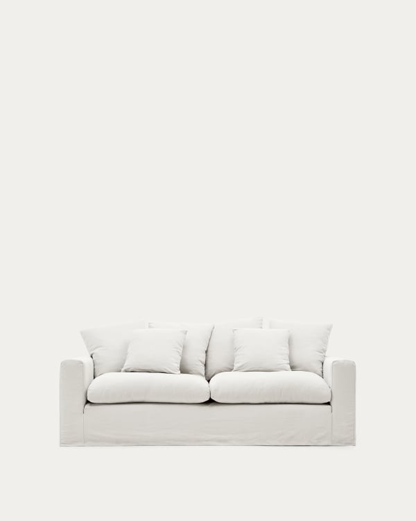 Nora 3-seater sofa with a removable cover and ecru linen and cotton cushions 240 cm