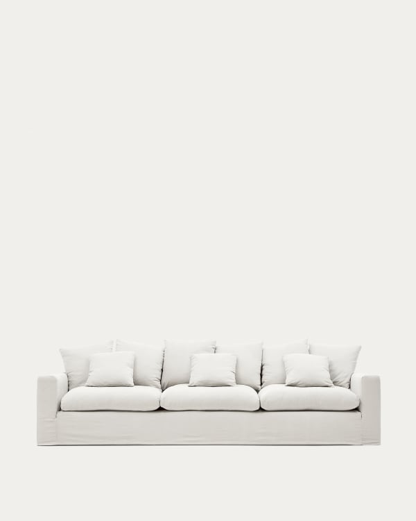 Nora 4-seater sofa with a removable cover and ecru linen and cotton cushions 340 cm