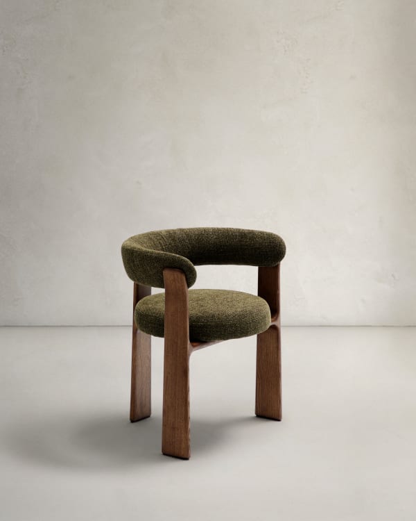 Granite 3-legged chair in green chenille and with solid ash wood in a walnut finish FSC 100%