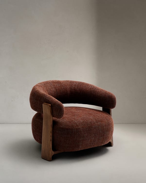 Granite brown chenille armchair with solid ash wood legs in a walnut finish FSC 100%