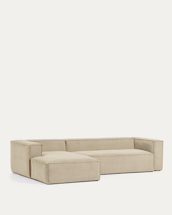 Blok 4 seater sofa with left side chaise longue in beige wide seam corduroy, 330 cm