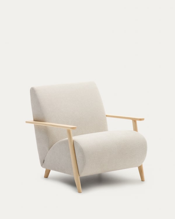 Meghan armchair in pearl chenille and with solid beech wood in a natural finish