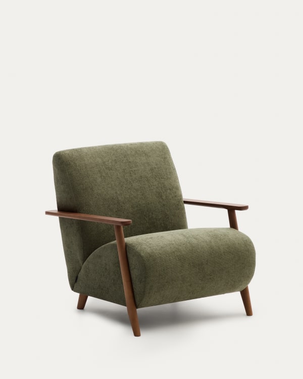 Meghan armchair in green chenille and solid ash wood with walnut finish FSC Mix Credit