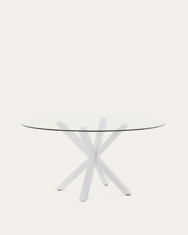 Argo round table with glass top and white-finished steel legs, Ø150 cm