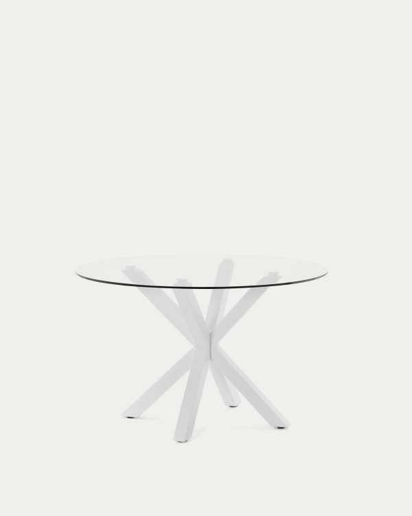 Argo round table with glass top and white-finished steel legs, Ø120 cm