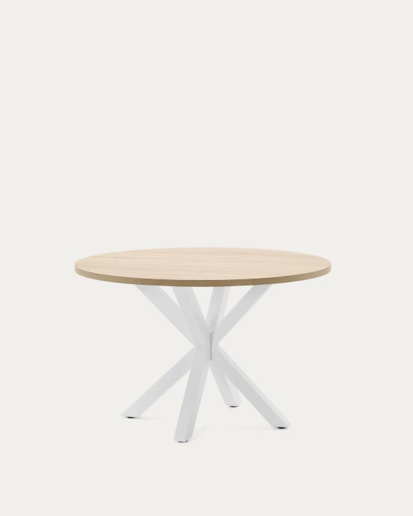 Argo round table with oak-effect melamine top and white-finished steel legs, Ø120 cm