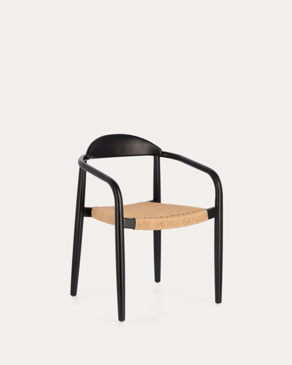 Nina stackable chair solid acacia wood with black finish and beige paper rope seat FSC100%