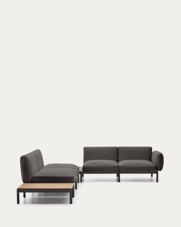 Divano angolare modulare da esterno Sorells 4 posti con rivestimento grigio e alluminio grigio tavolo in teak 353 x 316,5 cm FSC 100%