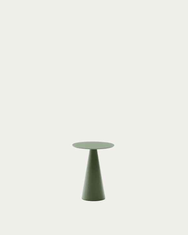 Wilshire side table with frosted tempered glass and matt green painted steel finish Ø30cm