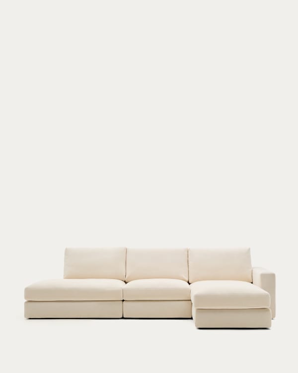 Modulares Sofa Alea für 5 Personen mit abnehmbarem Bezug aus Chenille mit Chaiselongue rechts in Ecru, 340 cm