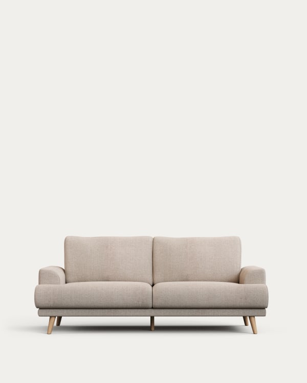 Karin 2-seater sofa beige with solid beech wood legs with natural finish, 210 cm