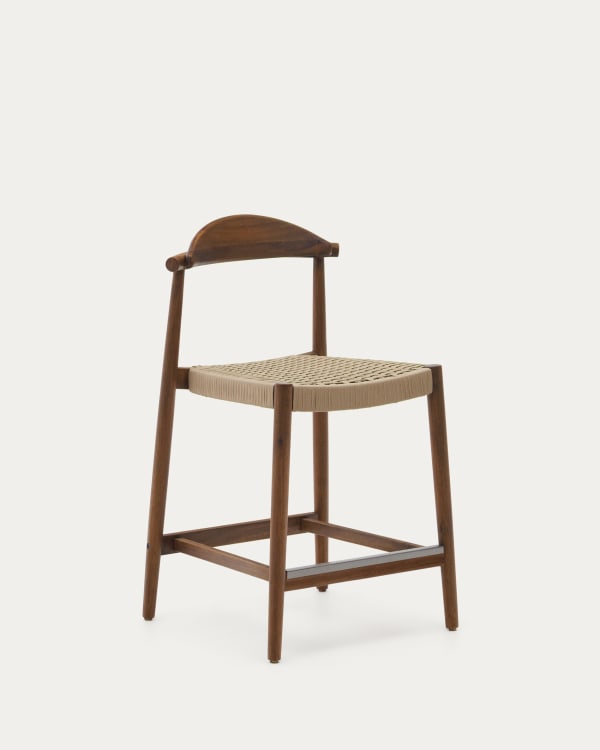 Nina solid acacia wood stool with walnut finish and beige rope height 62 cm