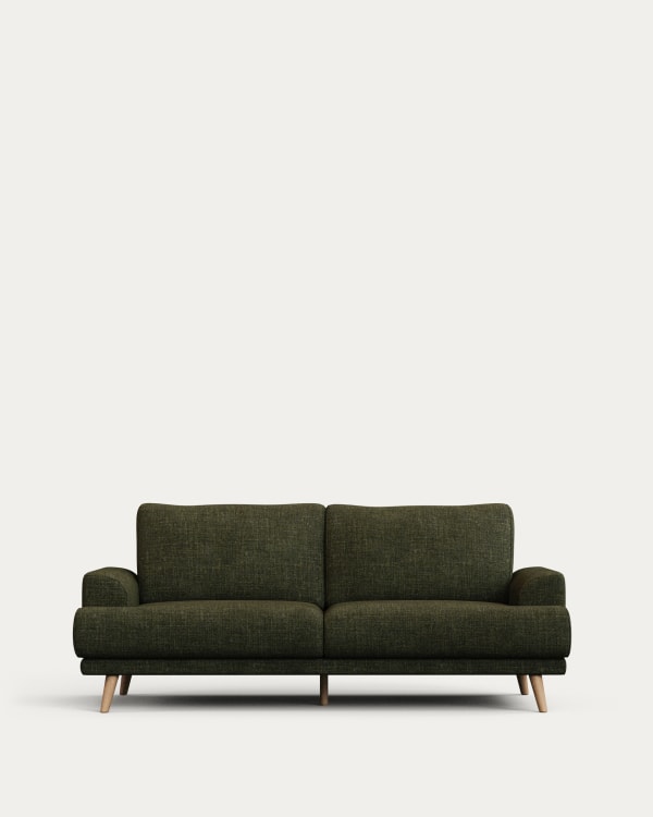 Karin 2-seater sofa green with solid beech wood legs with natural finish, 210 cm