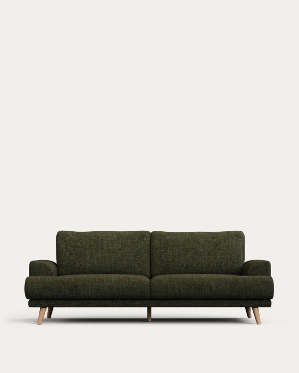 Karin 3-seater sofa green with solid beech wood legs with natural finish, 231 cm