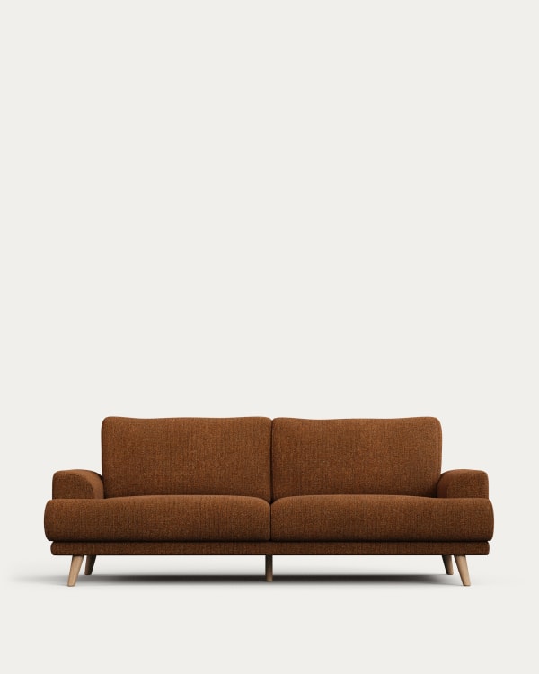 Karin 3-seater sofa dark orange with solid beech wood legs with natural finish, 231 cm