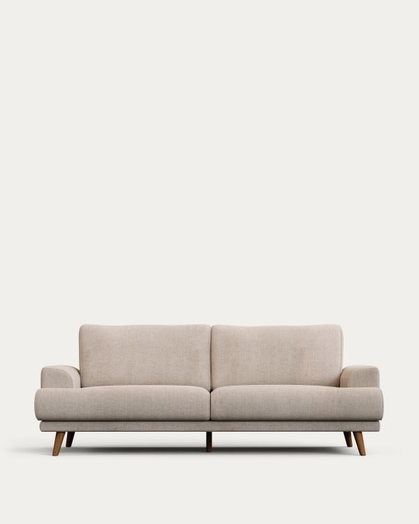 Karin 3-seater sofa beige with solid beech wood legs with walnut-effect finish, 231 cm