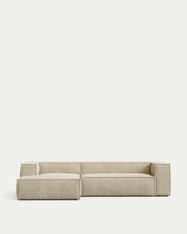 Blok fire-retardant 3-seater sofa with left chaise longue in thick ecru corduroy 300cm FSC Mix Credit