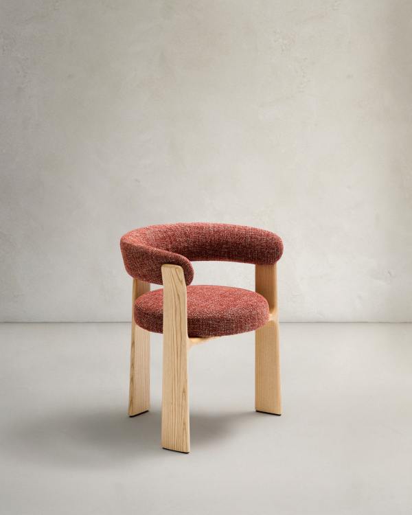 Granite fire-retardant chair (3 legs) in terracotta chenille and solid ash wood with natural-coloured finish FSC 100%