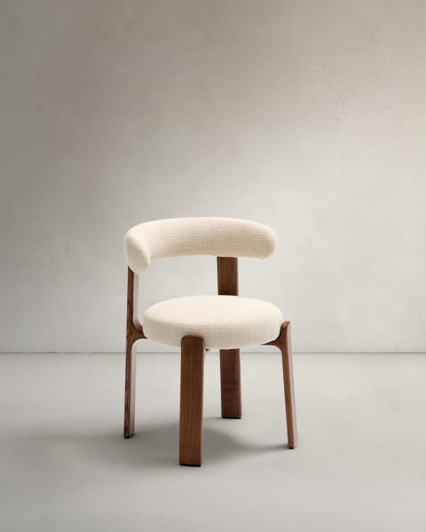 Granite fire-retardant chair in beige chenille and solid ash wood with walnut-coloured finish FSC 100%