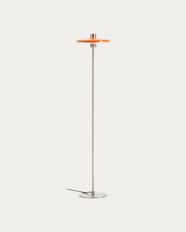 Stehlampe Nuvira aus hellgrauem gebürstetem Metall mit orangefarbenem Schirm