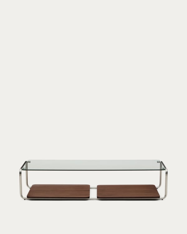 Couchtisch Tarsel aus gehärtetem Glas sowie Platte aus Nussbaumfurnier FSC 100% mit Gestell aus gebürstetem Edelstahl 140 x 60 cm